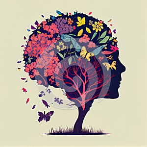 Human brain tree with flowers and butterflies, concept of self care, mind, ideas, creativity - AI generated image