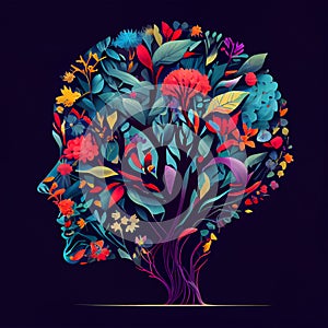 Human brain tree with flowers and butterflies, concept of self care, mind, ideas, creativity - AI generated image