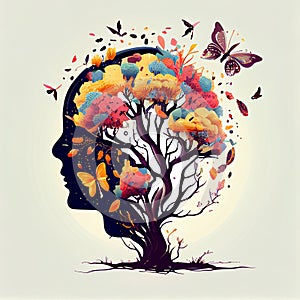 Human brain tree with flowers and butterflies, concept of self care, mind, ideas, creativity - AI generated image