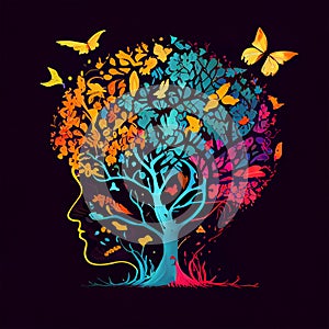 Human brain tree with flowers and butterflies, concept of self care, mind, ideas, creativity - AI generated image