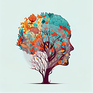 Human brain tree with flowers and butterflies, concept of self care, mind, ideas, creativity - AI generated image