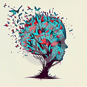 Human brain tree with flowers and butterflies, concept of self care, mind, ideas, creativity - AI generated image