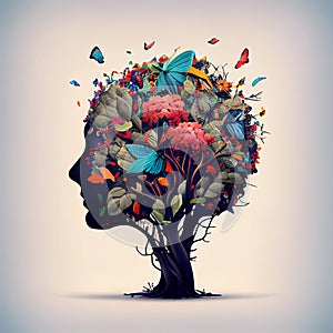 Human brain tree with flowers and butterflies, concept of self care, mind, ideas, creativity - AI generated image