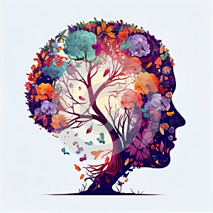 Human brain tree with flowers and butterflies, concept of self care, mind, ideas, creativity - AI generated image