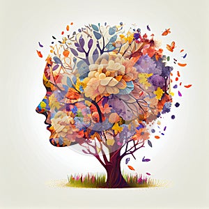 Human brain tree with flowers and butterflies, concept of self care, mind, ideas, creativity - AI generated image