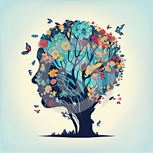 Human brain tree with flowers and butterflies, concept of self care, mind, ideas, creativity - AI generated image