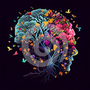 Human brain tree with flowers and butterflies, concept of self care, mind, ideas, creativity - AI generated image