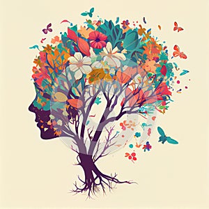 Human brain tree with flowers and butterflies, concept of self care, mind, ideas, creativity - AI generated image