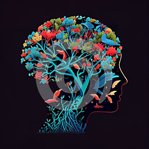 Human brain tree with flowers and butterflies, concept of self care, mind, ideas, creativity - AI generated image