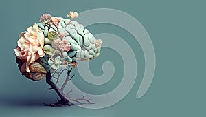 Human brain tree with flowers, self care and mental health concept, positive thinking, creative mind, generative AI