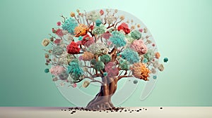 Human brain tree with flowers, self care and mental health concept, positive thinking, creative mind. Generative AI