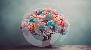 Human brain tree with flowers, self care and mental health concept, positive thinking, creative mind. Generative AI