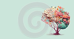 Human brain tree with flowers, self care and mental health concept, positive thinking, creative mind, generative AI