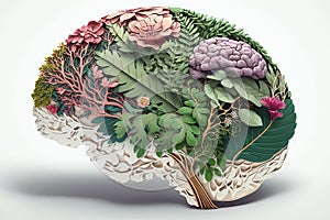 Human brain tree with flowers, self care and mental health concept, positive thinking. Earth&#s Day. Generative AI