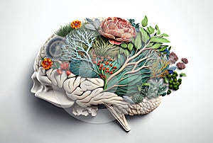 Human brain tree with flowers, self care and mental health concept, positive thinking. Earth's Day. Generative AI