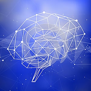 Human brain of triangles, lines & dots located on a blue technological background
