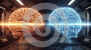 Human Brain vs. Artificial Intelligence Digital Brain Concept