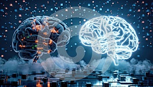 Human Brain vs. Digital Artificial Intelligence Comparison Concept