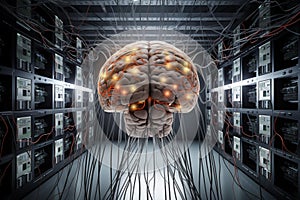 Human brain with wires and cables connected to supercomputer. Generative AI