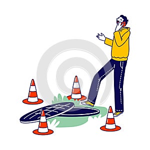 Human Carelessness Concept, Unmindful Male Character Step into Road Manhole Speaking by Smartphone photo