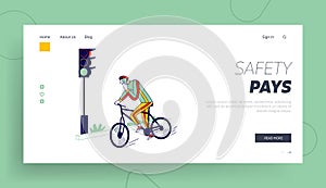 Human Carelessness Landing Page Template. Careless Biker Character Riding Bicycle on City Road Speaking by Smartphone photo