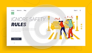 Human Carelessness Landing Page Template. Careless Characters Using Smartphone while Crossing City Road photo