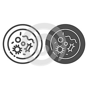 Human cells against coronavirus in microscope line and solid icon. Healthy cell with virus outline style pictogram on