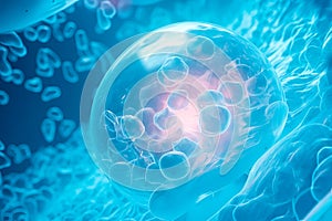 Human cells or Embryonic stem cells microscope background. The blue nucleus of the bacterium is surrounded by a transparent sphere