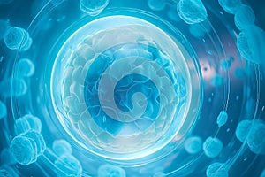 Human cells or Embryonic stem cells microscope background. The blue nucleus of the bacterium is surrounded by a transparent sphere