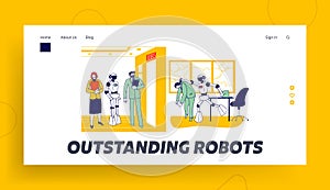 Human Characters Vs Robots Landing Page Template. Cyborg Kicking Employee Out of Office