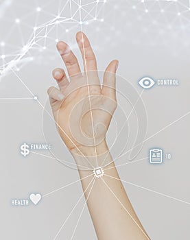 Human Chipping, Multi passport, Identification, Digitalization and Vaccination Concept. Hand With Implanted Chip Containing Inform photo