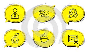 Human, Coffee cup and Time management icons set. Friendship sign. Person profile, Whipped cream, World clock. Vector