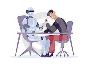 Human competing with robot in arm wrestling. Man versus artificial intelligence, confrontation sitting at table
