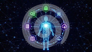 Human connected to digital network with security and cloud elements