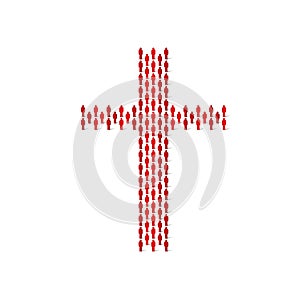 Human crowd in the shape of christian cross. Stick figure red simple icons. Vector illustration