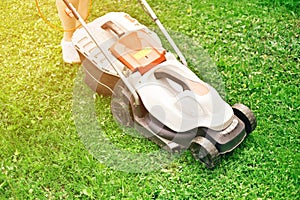 Human cuts grass with lawn mower in garden. Lawn mowing in the garden. Sunflare.