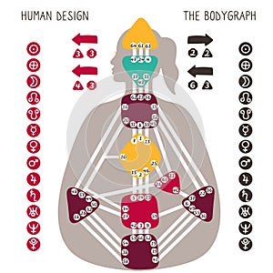 Human Design BodyGraph chart. Nine colored energy centers, planets, variables. Hand drawn vector graphic