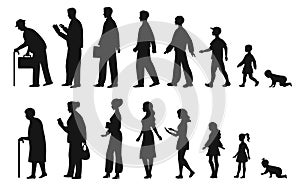 Human in different ages. Silhouette profile of male and female person growth stages, people generations from baby to old