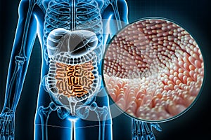 Human digestive system and gastrointestinal tract with microvilli of the small intestine or bowel 3D rendering illustration. photo