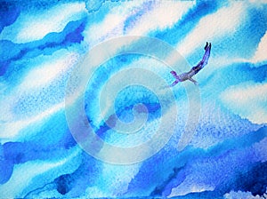 Human diving in abstract deep blue ocean sea, cloud sky of mind, watercolor painting