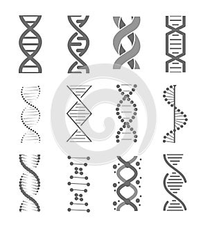 Human dna research technology symbols. Adn helix structure, genomic model and human genetics code. Vector isolated illustration