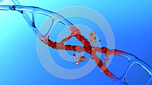 human dna structure with glass helix destroyed, transition to liquid, deoxyribonucleic acid on blue background, nucleic acid