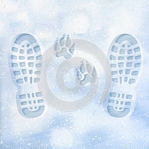 Human and dog footprints on surface white winter snow. Overhead view. Texture of snow surface. Vector illustration