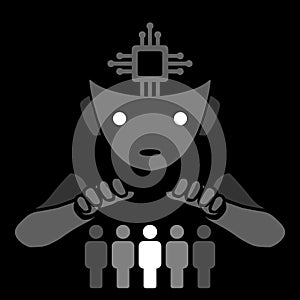 Human domination by AI android illustration vector, black and white color, minimalist style.