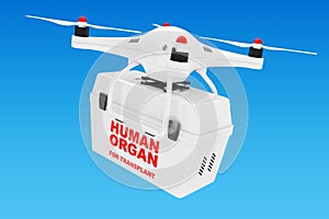 Human Donor Organs delivery by White Quadrocopter Drone. 3d Rend