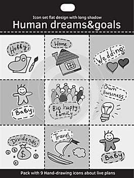 Human dreams and goals flat icon set black and white