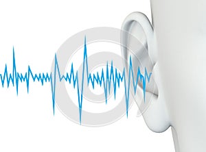 Human ear  with blue soundwave, tinnitus, medically 3D illustration