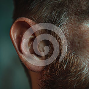 Human ear closeup, male ear macro photo, detailed human auricle anatomy, auditory organ, wiretapping photo