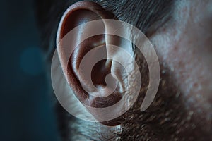 Human ear closeup, male ear macro photo, detailed human auricle anatomy, auditory organ, wiretapping photo