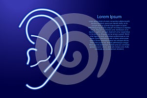 Human ear from glowing blue neon luminescence lines on classic blue dark background. Vector illustration